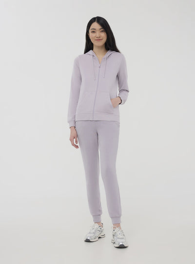Felpa leggera tinta unita con cappuccio, coulisse e zip