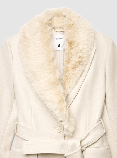 Cappotto lungo con collo in pelo sintetico e cintura