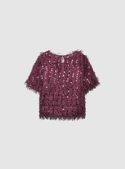 T-shirt crop con paillettes e piumette