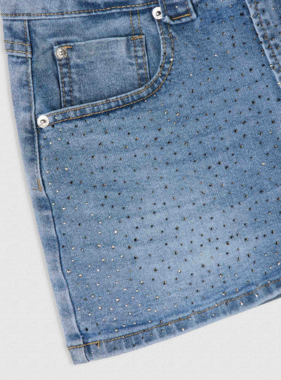 Denim mini skort with rhinestones