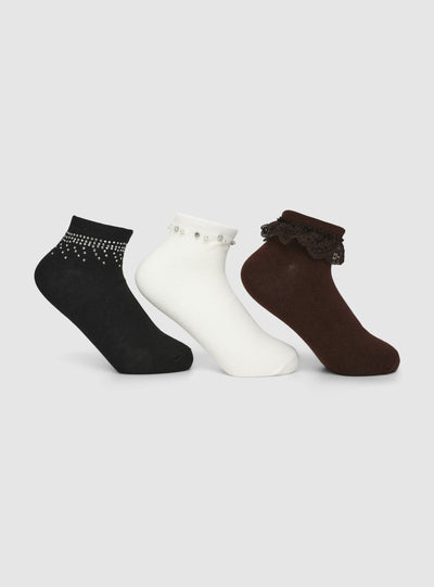 Pack of 3 pairs of ankle socks with rhinestones and lace frills