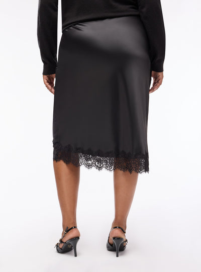 Gonna longuette in satin con bordo in pizzo