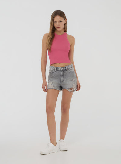 Shorts di jeans mom fit con strappi ampi