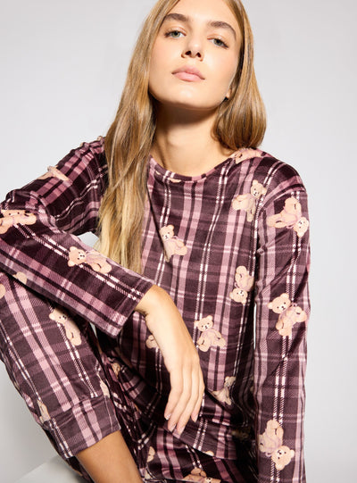 Set pigiama con stampa orsetti e motivo tartan