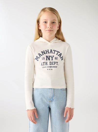 T-shirt crop con cappuccio e stampa college