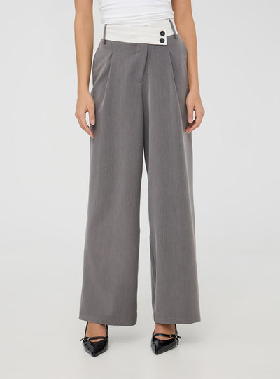 Pantaloni wide leg melange con fascia a contrasto