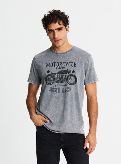 T-shirt con stampa moto effetto acid wash