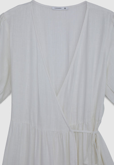 Vestito incrociato lungo con balze misto lino