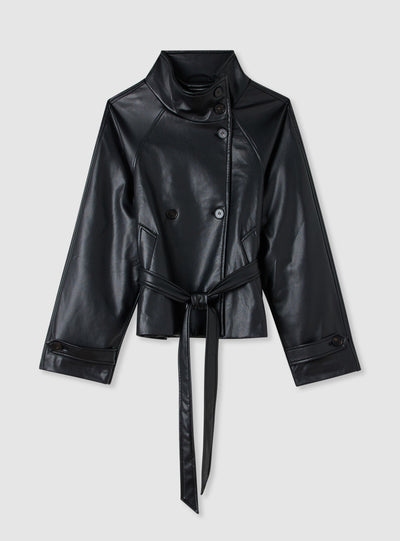 Kurz geschnittener Trenchcoat mit Lederoptik, Stehkragen und Gürtel