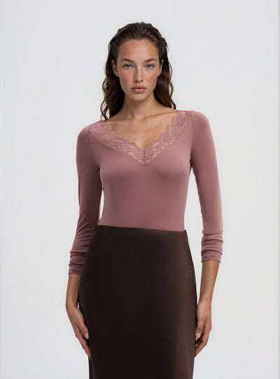 T-shirt a maniche lunghe con bordo in pizzo