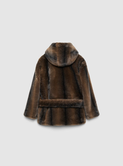 Cappotto effetto pelo con cappuccio e cintura