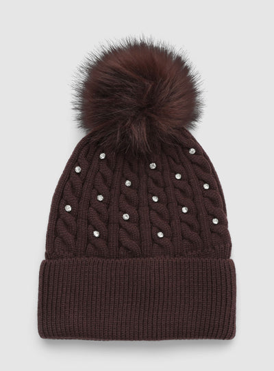 Berretto a trecce con pompon e strass