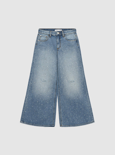 Jeans maxi super wide leg con strass e strappi