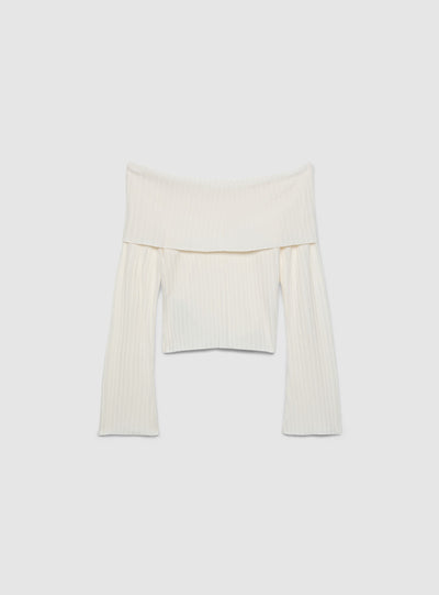 Ribbed T-shirt with exposed shoulders