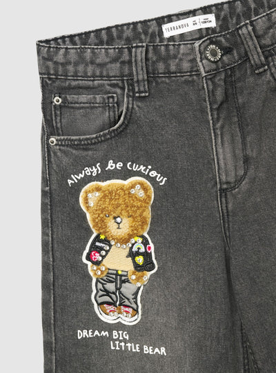 Jeans wide leg con patch orsetto