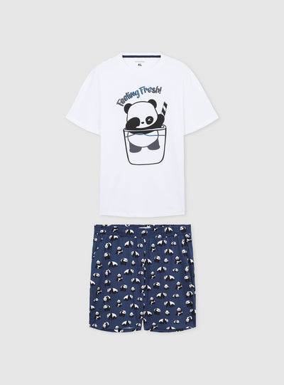 Pajama set with t-shirt and bermuda shorts featuring a panda