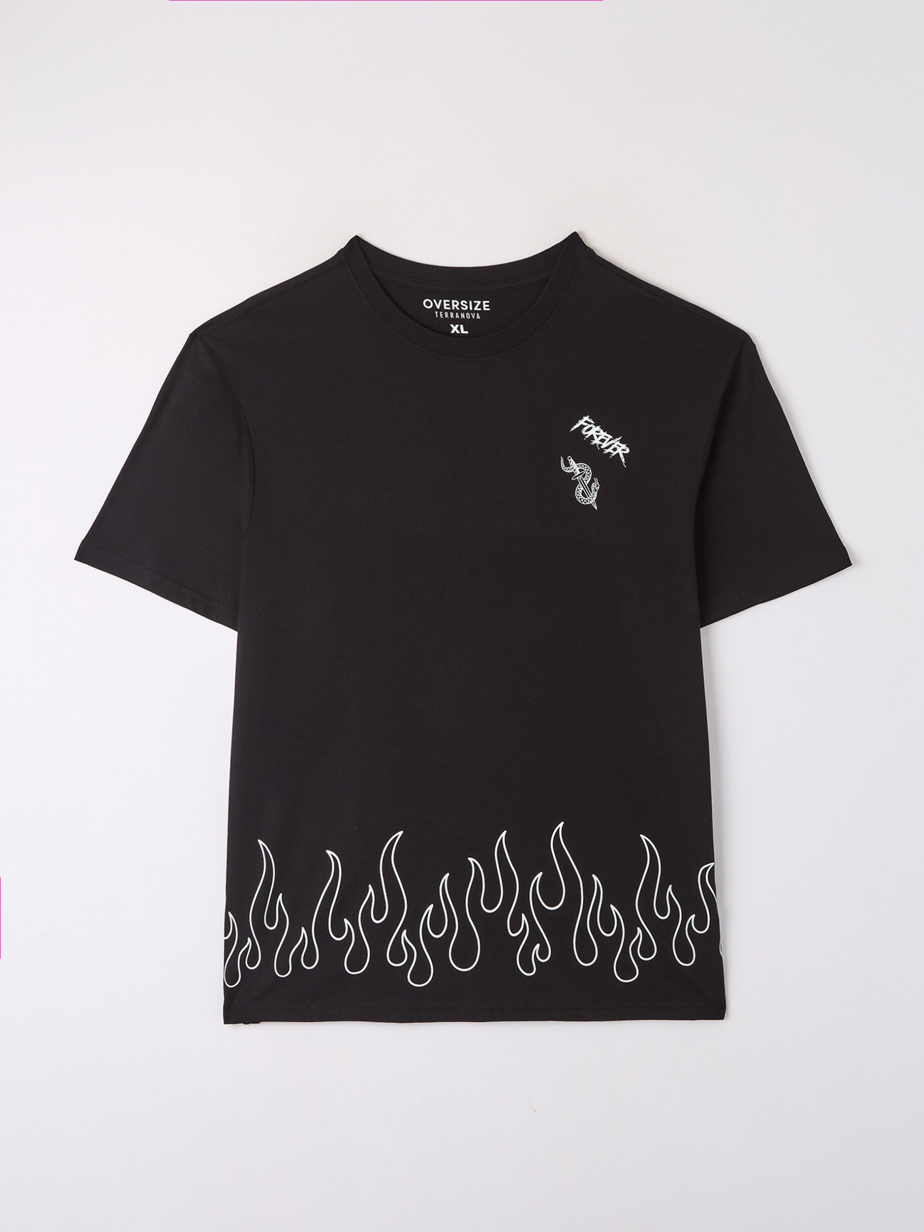 T shirt over con fiamme e scritta gotica Nero Acquista Online Terranova