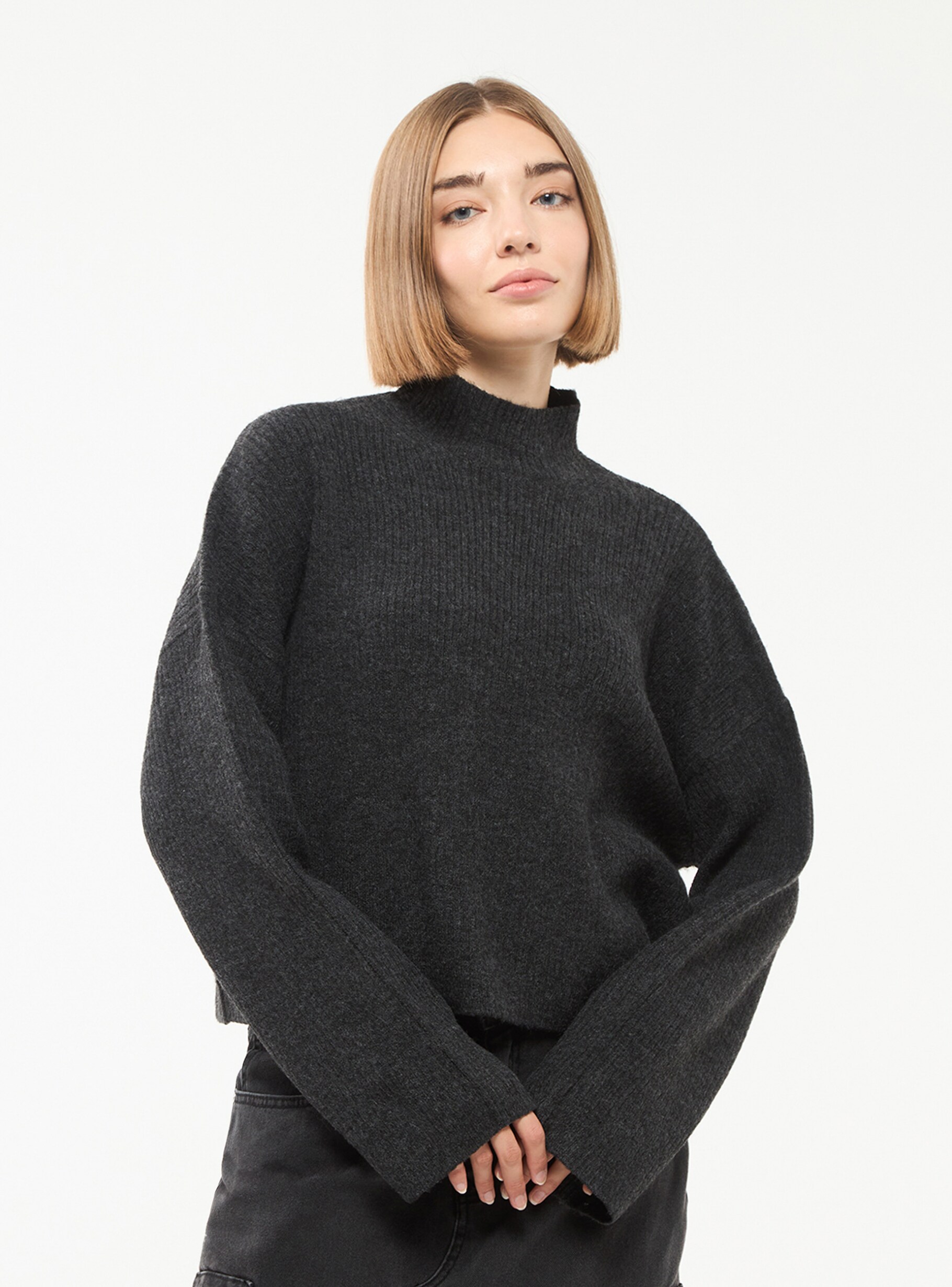 Dark grey melange Ribbed turtleneck top Buy Online Terranova