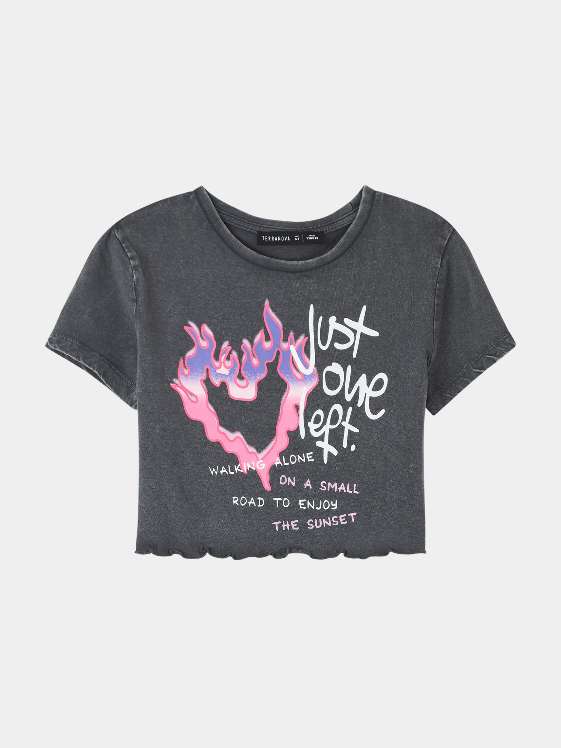 Grey Cropped acid wash T-shirt with a heart print - Buy