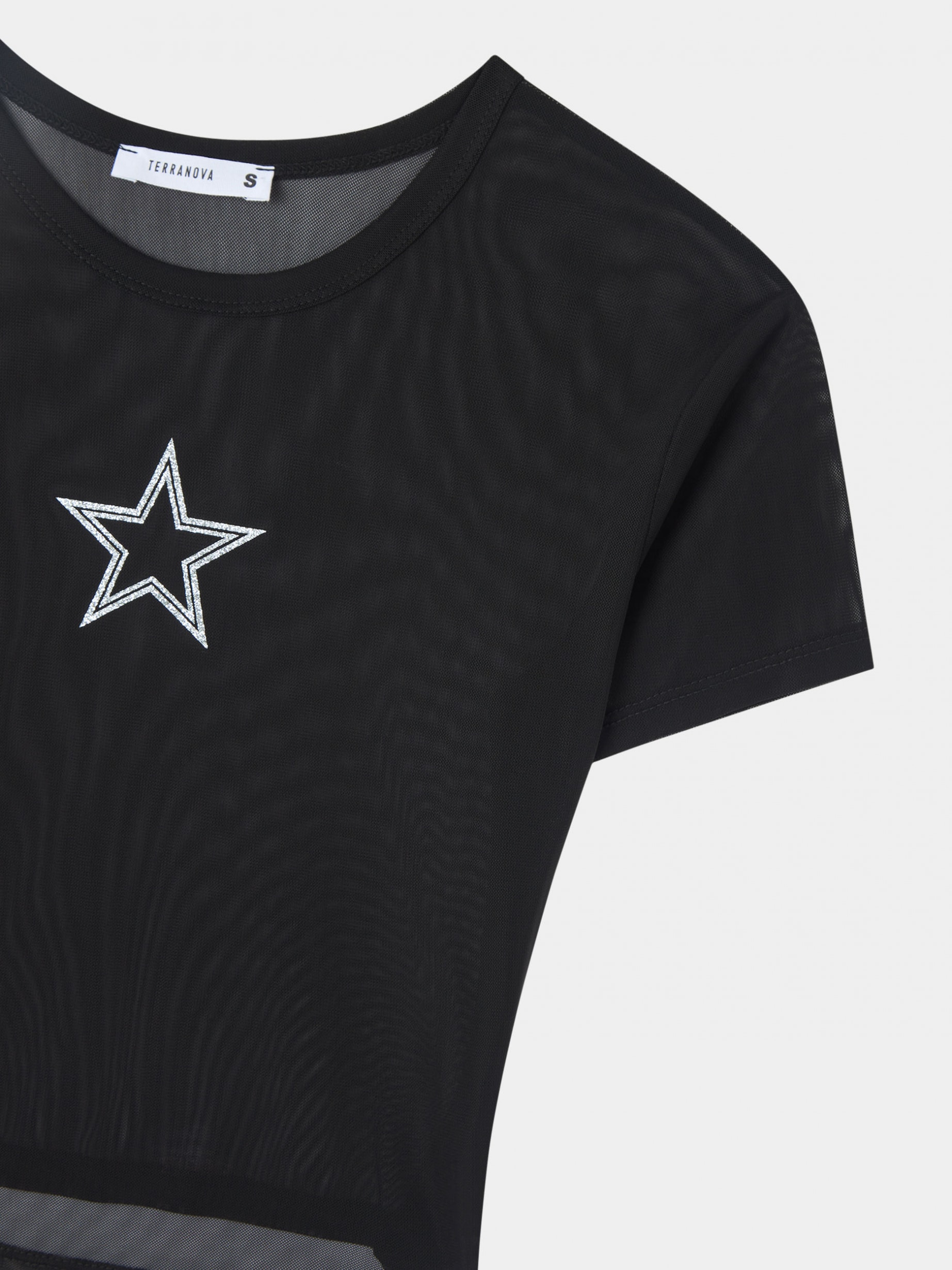 Black Cropped tulle T-shirt with rhinestone stars - Buy