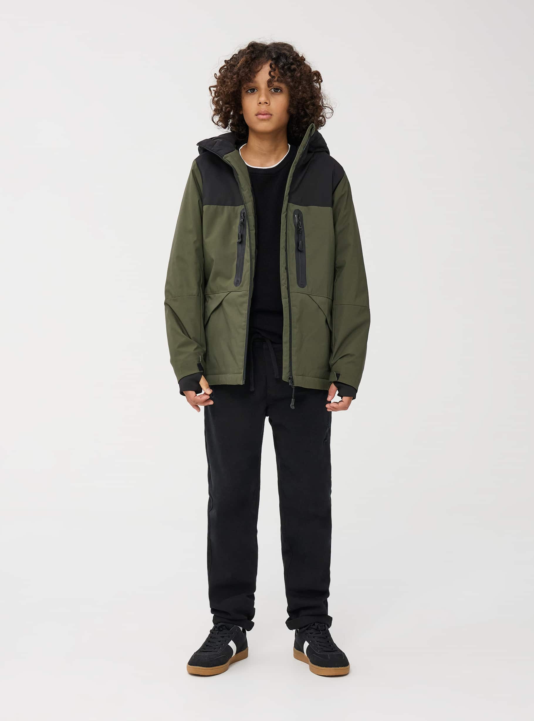 Green jacket with grey hood deals