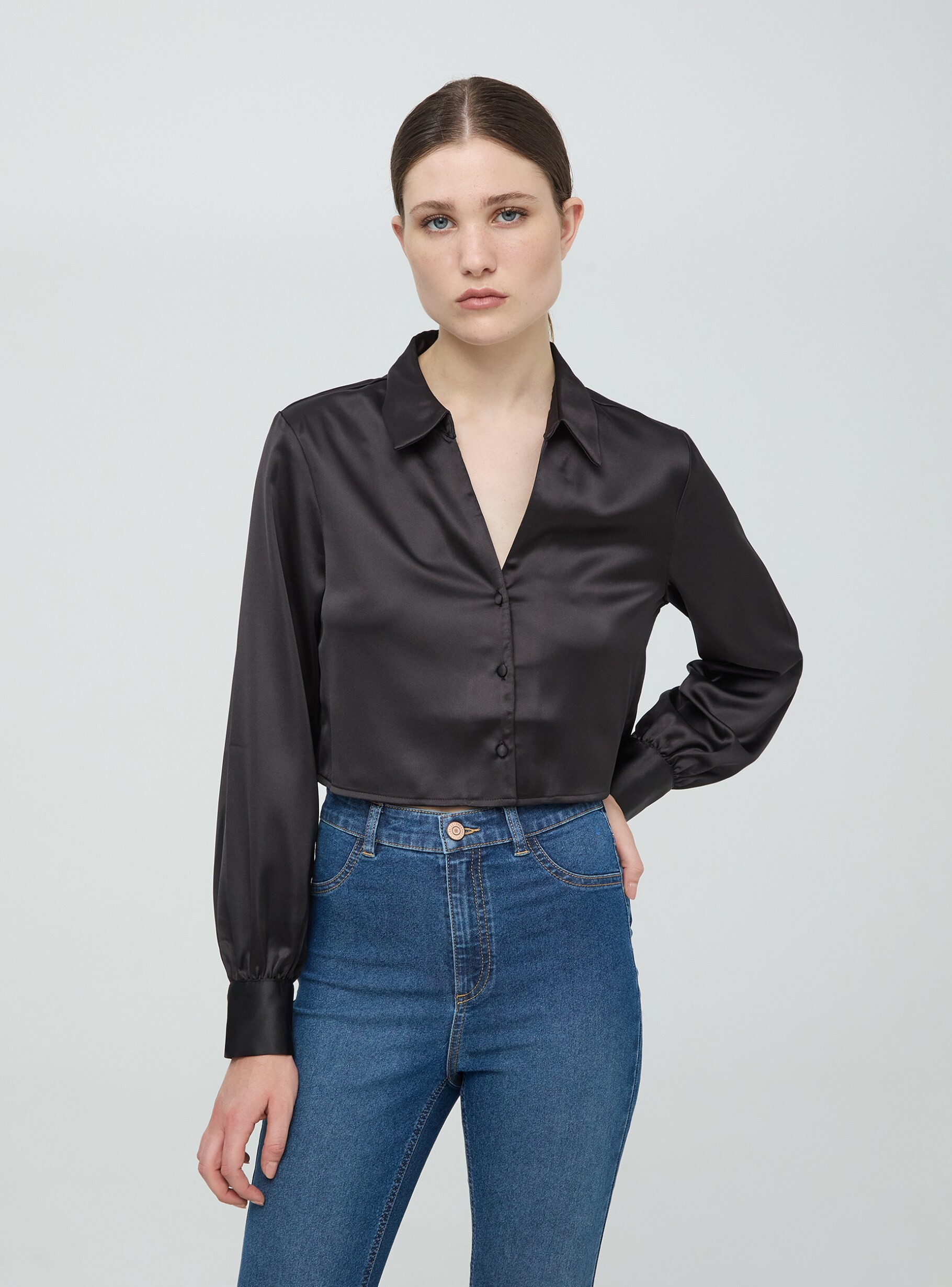 Black satin crop new arrivals