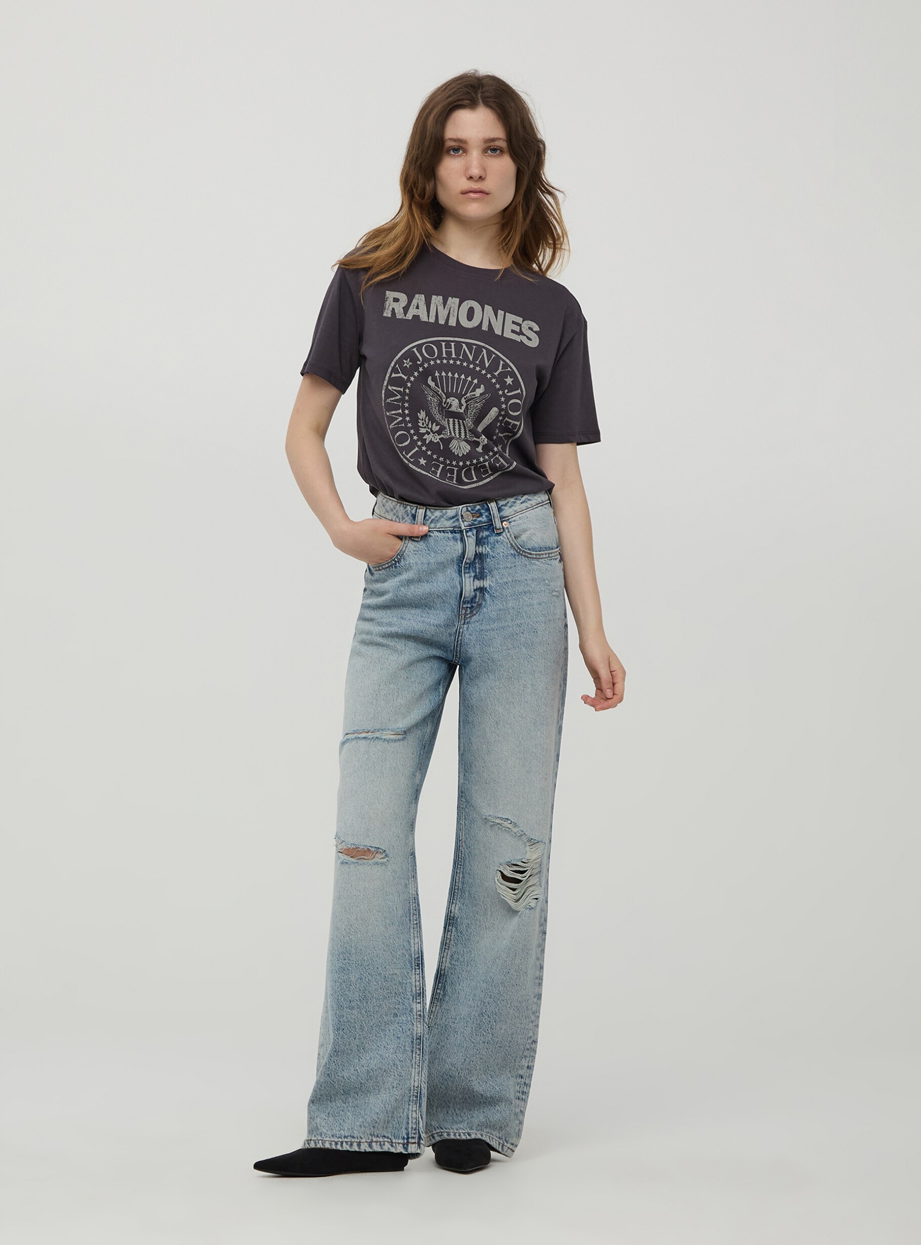 Middle blue denim Acid wash wide leg ripped jeans Buy Online Terranova