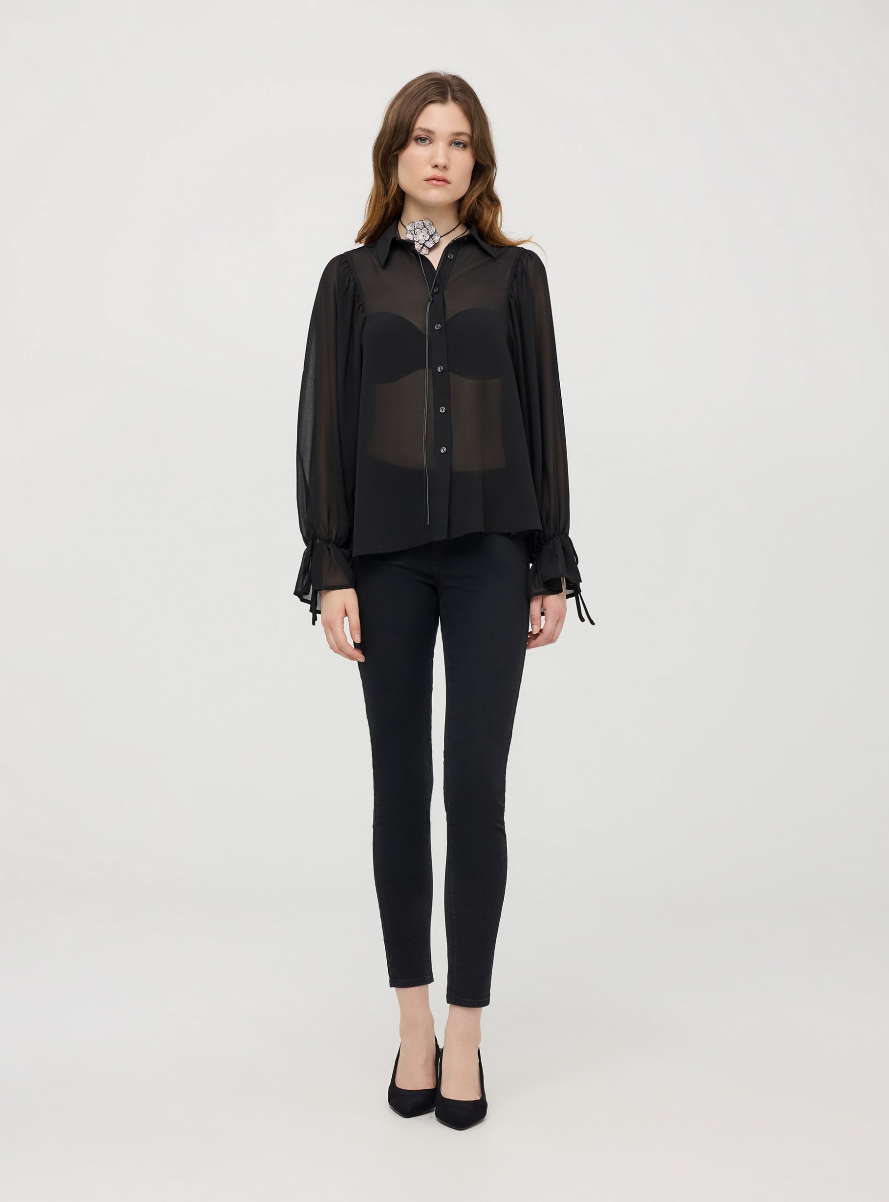 Black Shirt with puff sleeves and gathered cuffs - Buy