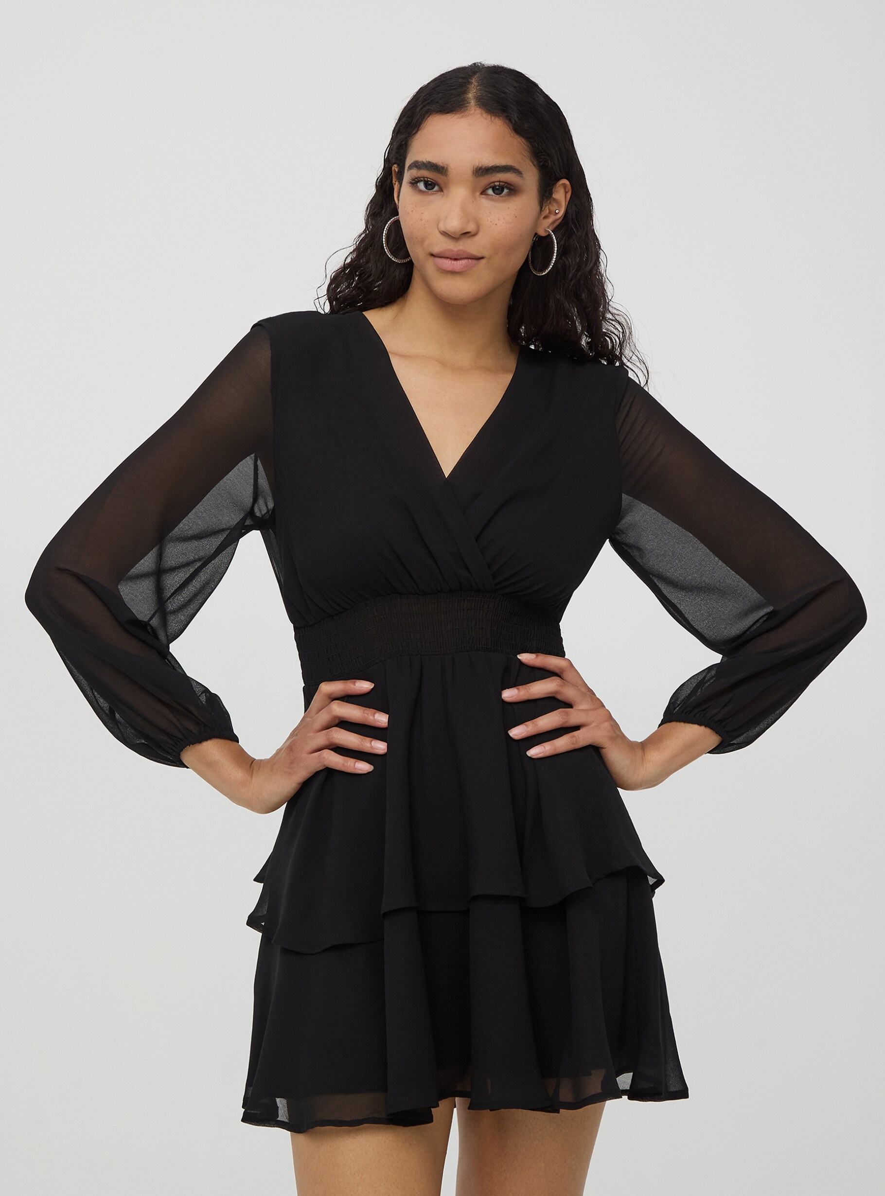 Vestito a balze con punto smock in vita Nero Acquista Online Terranova