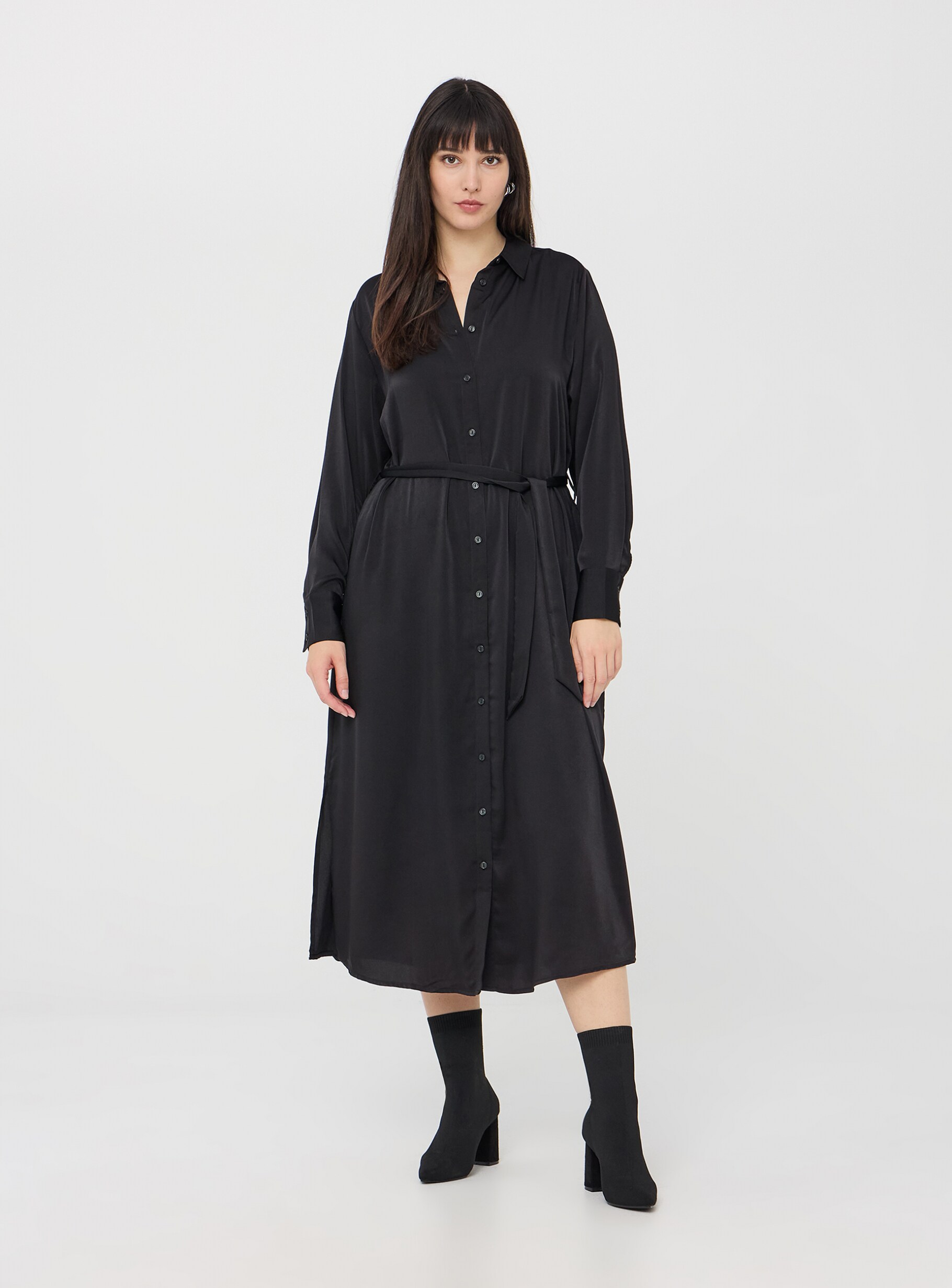 Vestito camicia lungo con cintura nero Terranova