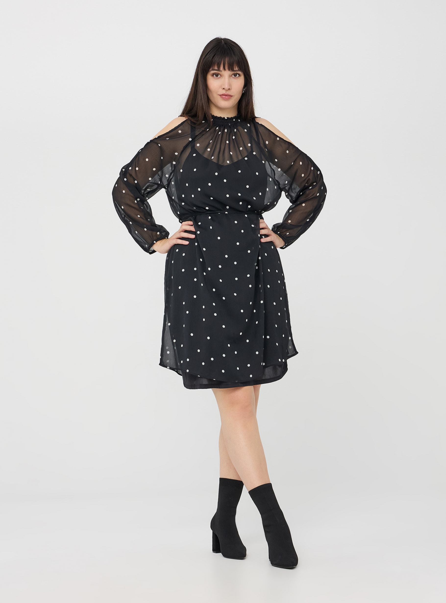 Vestito a pois a maniche lunghe con cut-out var nero Terranova