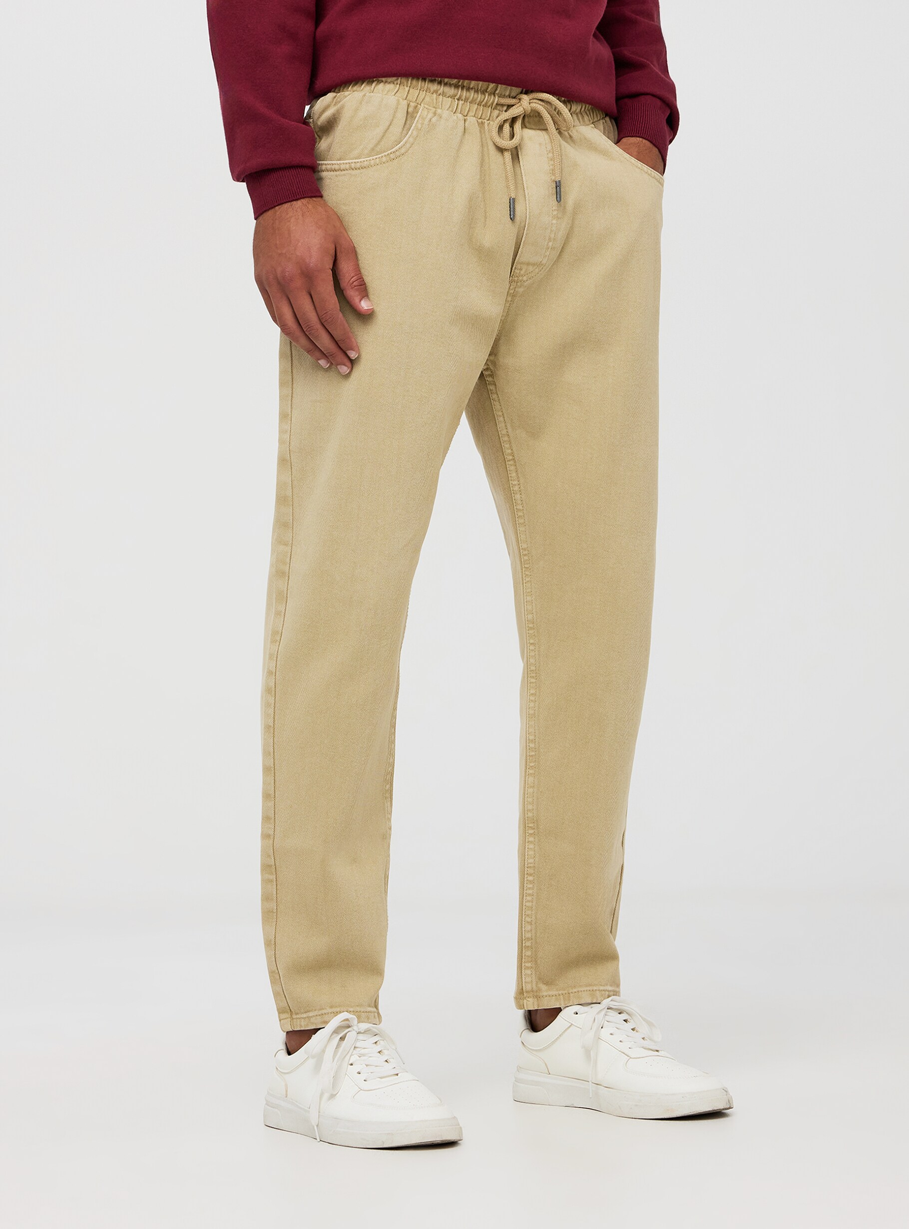 Beige light Cotton drill trousers with a drawstring Buy Online Terranova