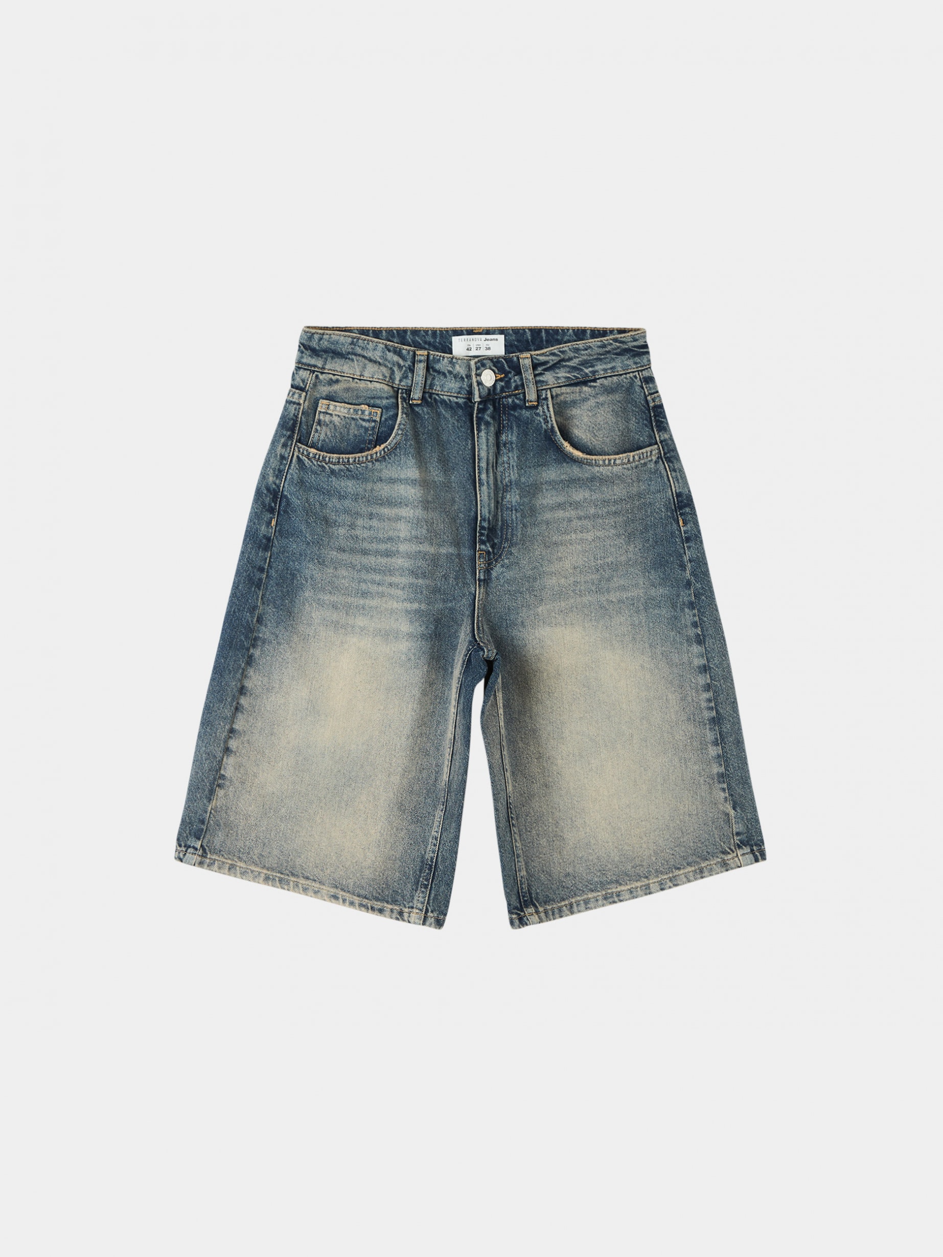 【EEUN】Sand Bermuda Denim Pants Middle blue denim Denim Bermuda shorts with a sandblasted