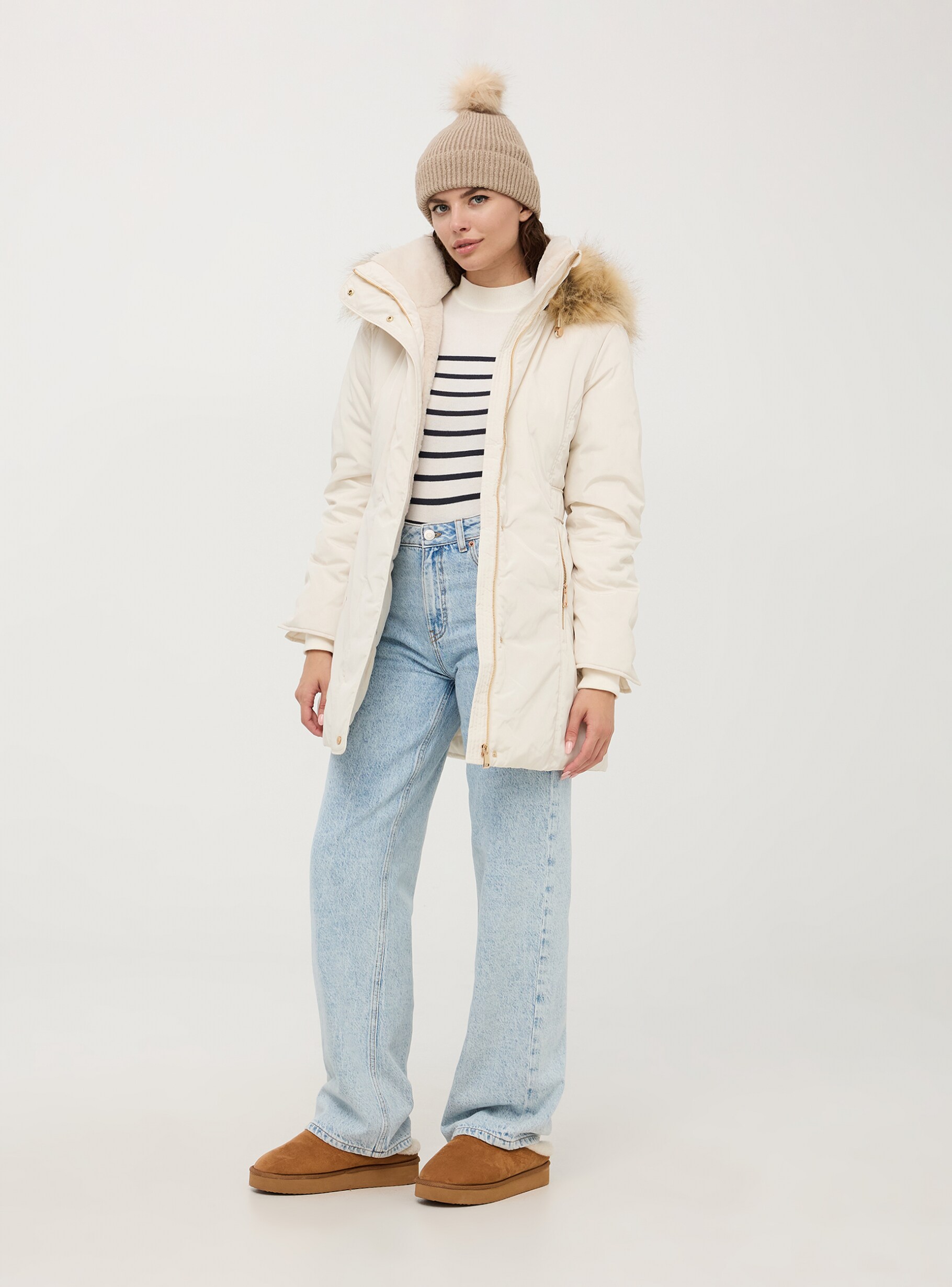 Ivory Hooded parka with faux fur Buy Online Terranova