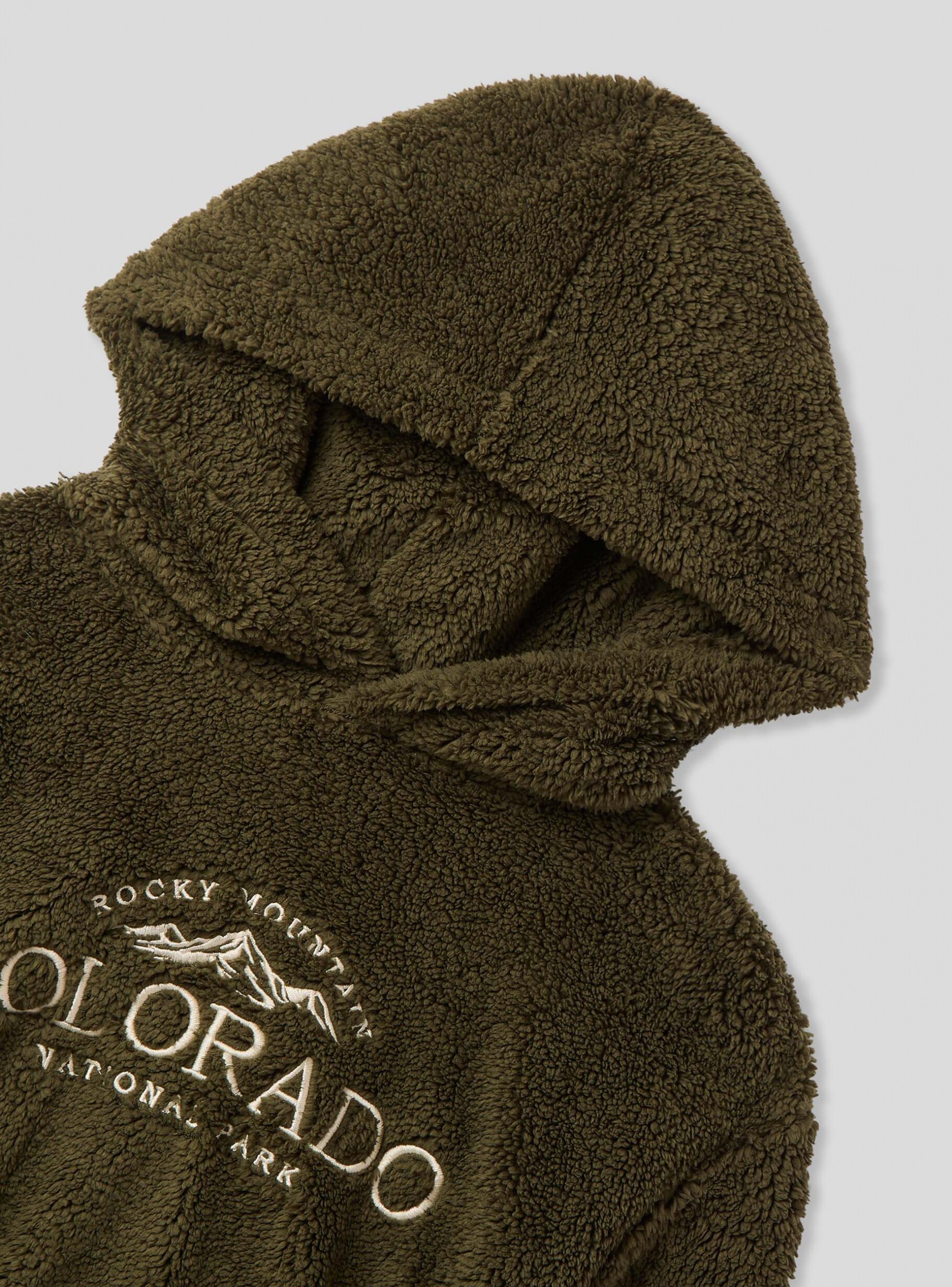 Green military dark Cropped cosy sherpa hoodie with mountain embroidery Buy Online Terranova