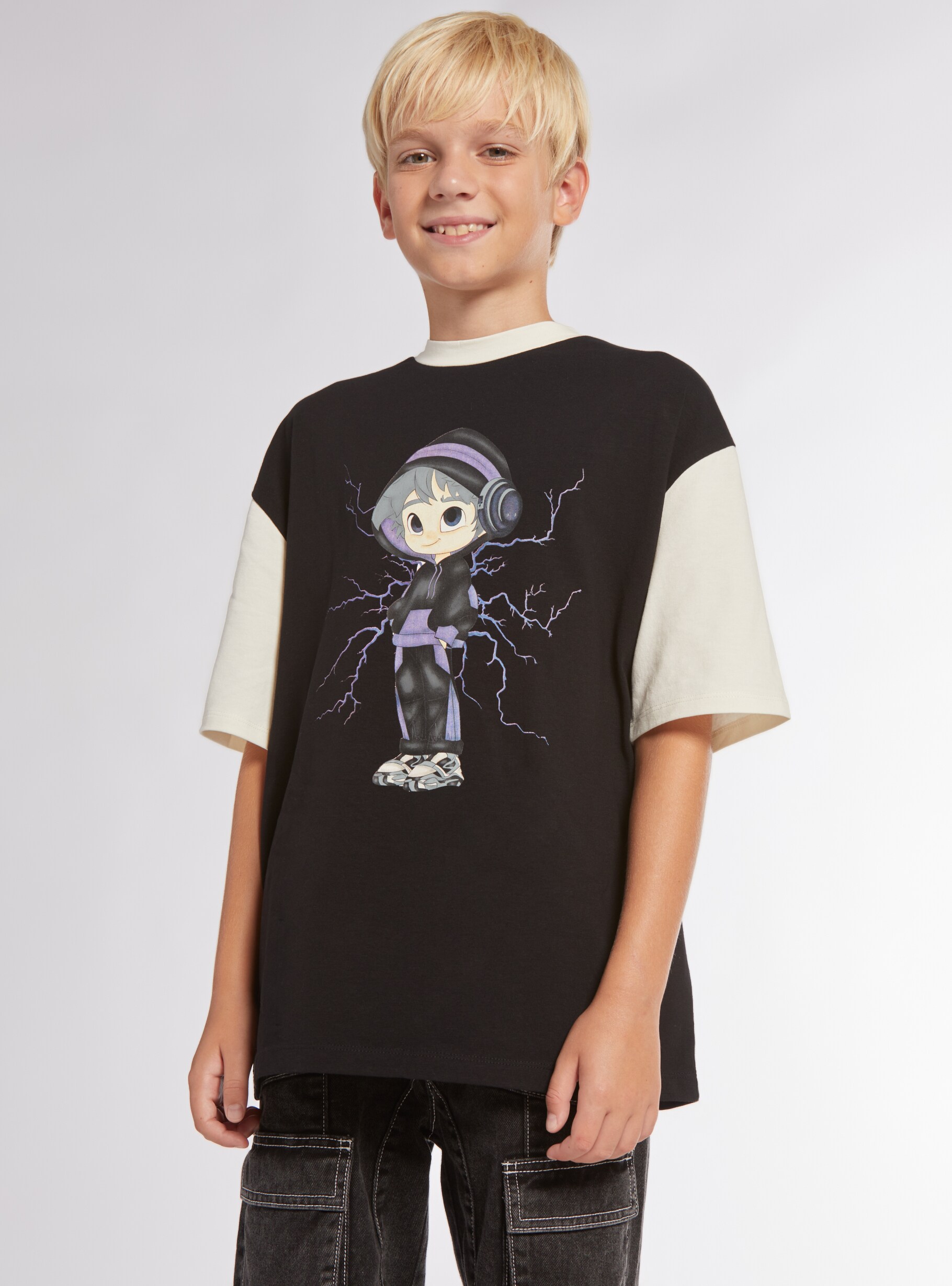 Black TRNPOPLAB two-tone oversized T-shirt with a print