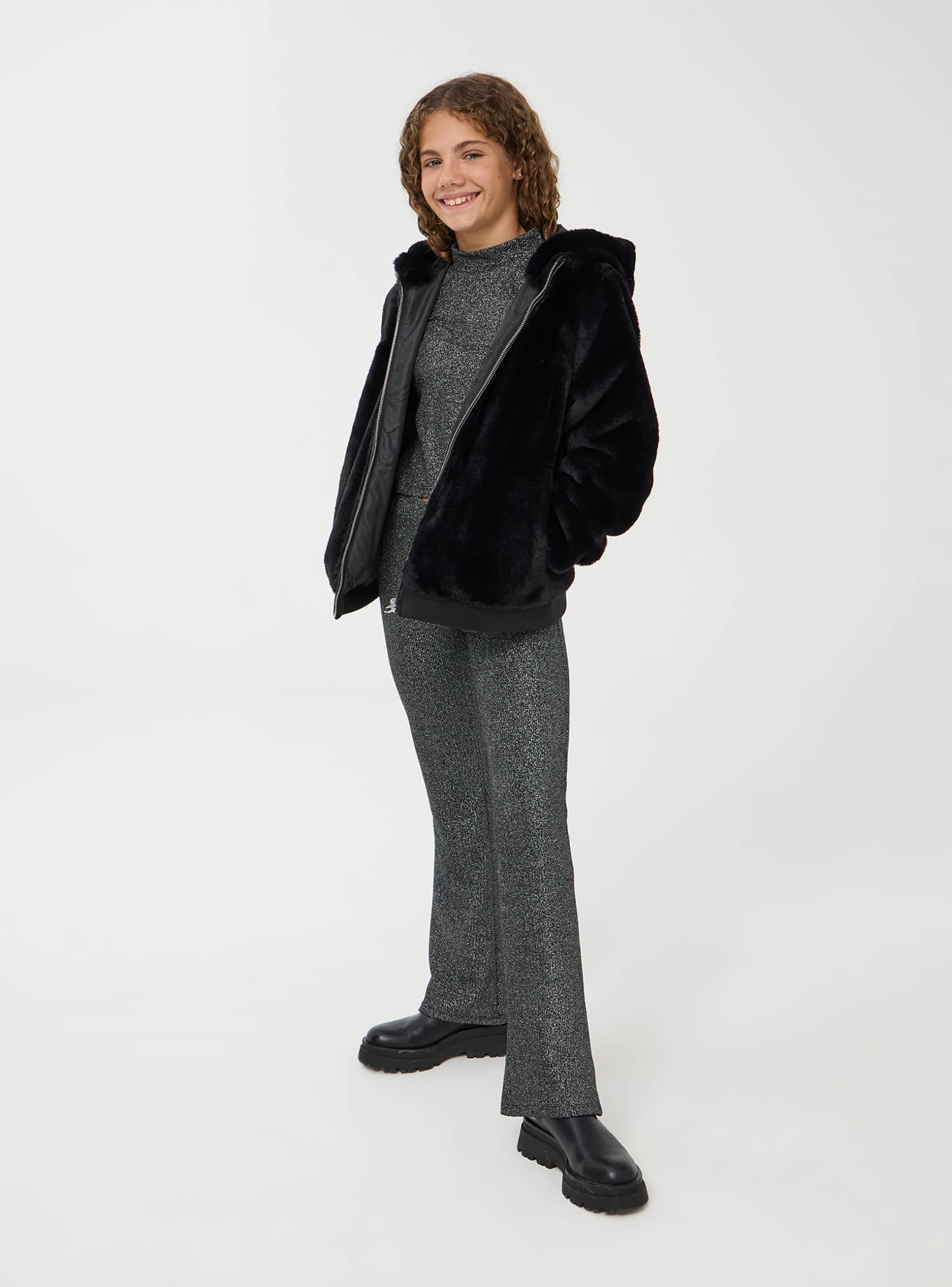 Black Hooded faux fur bomber jacket Buy Online Terranova