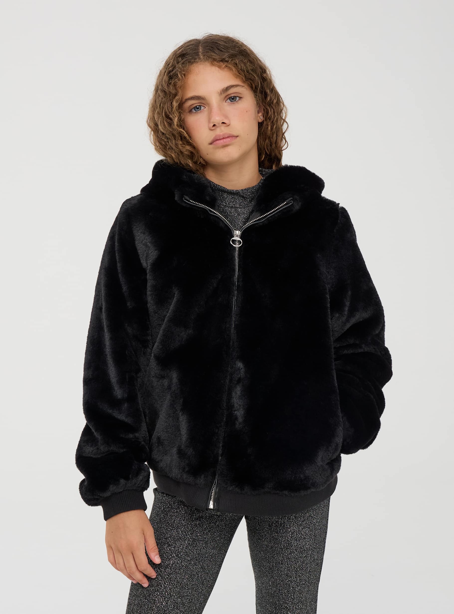 Black faux fur hooded bomber jacket clearance