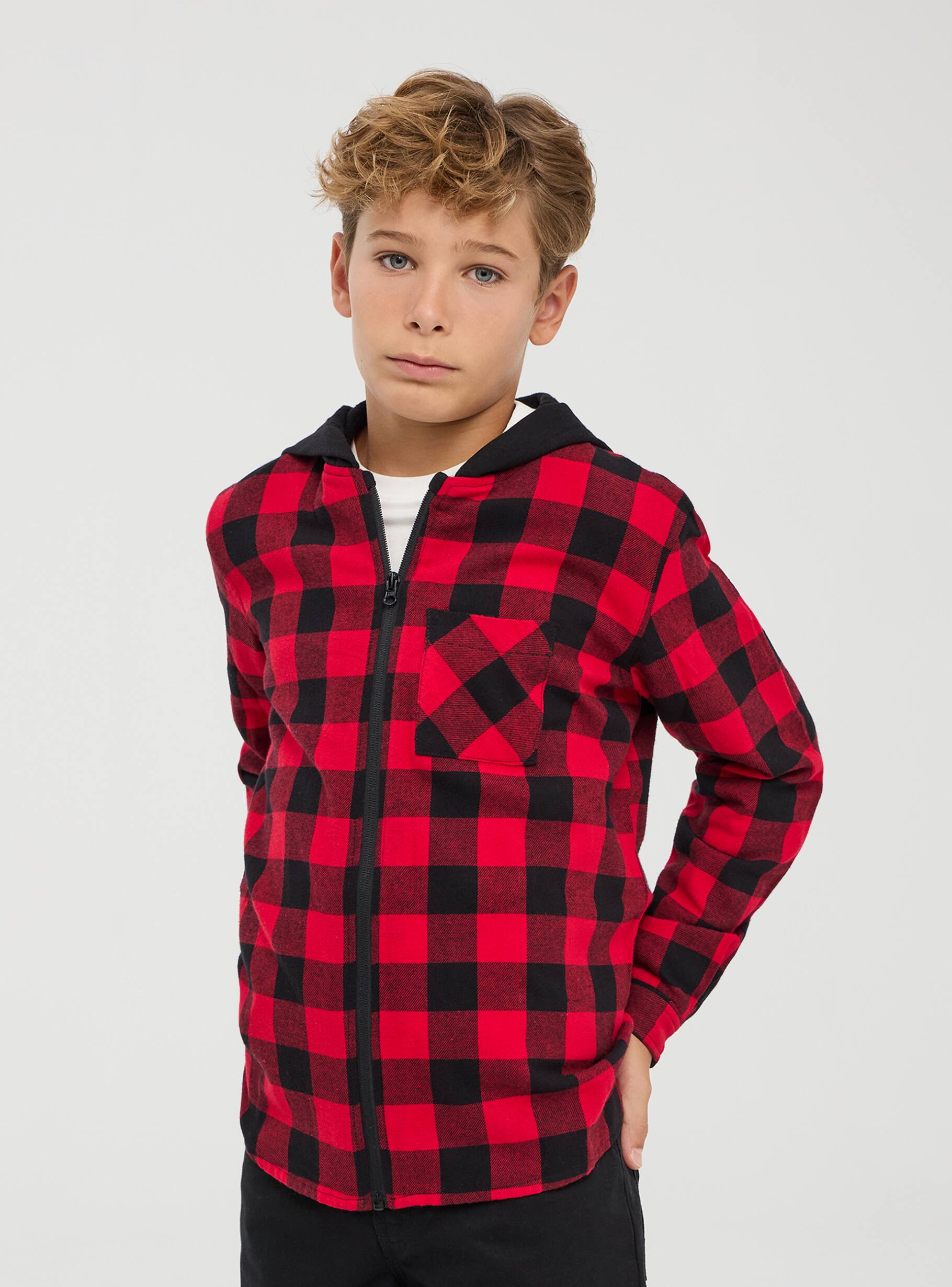 Red and black check shirt with hood sale