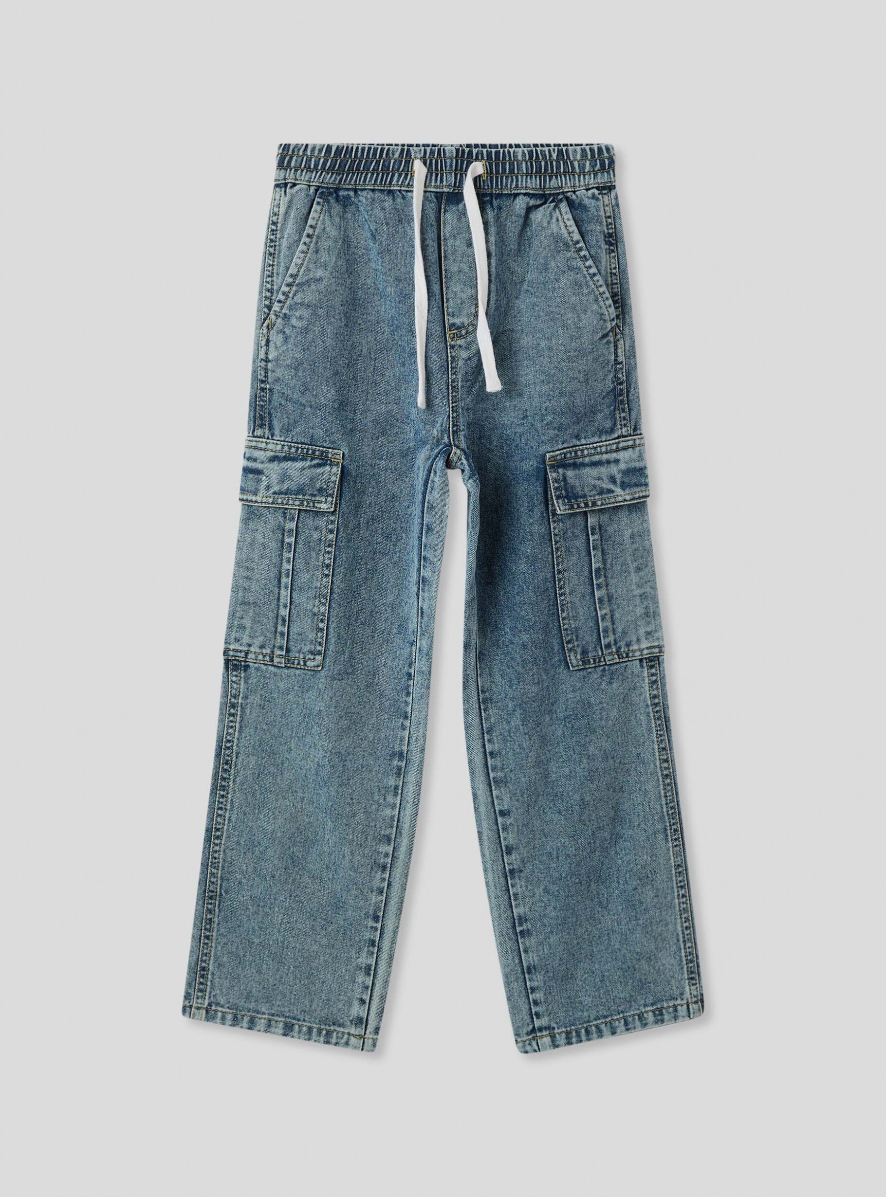 Middle blue denim Wide-leg cargo jeans with a drawstring - Buy Online |  Terranova