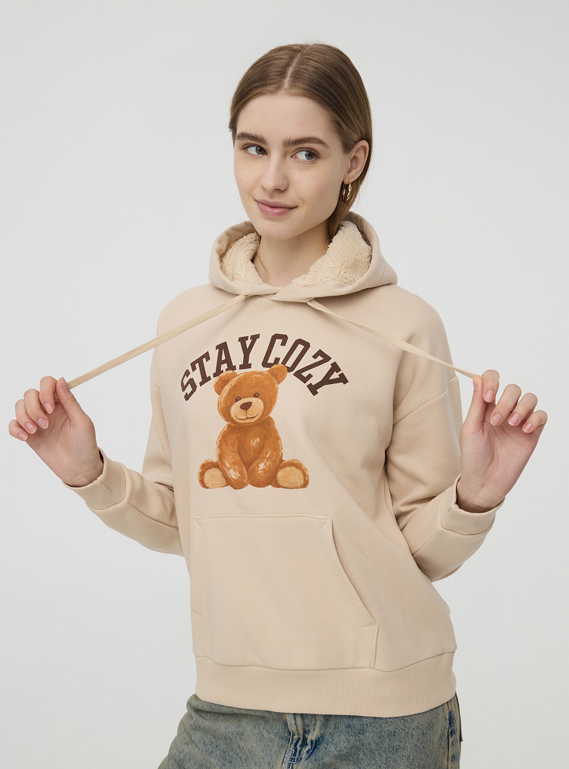 Beige light Padded hoodie with a teddy bear print Buy Online Terranova