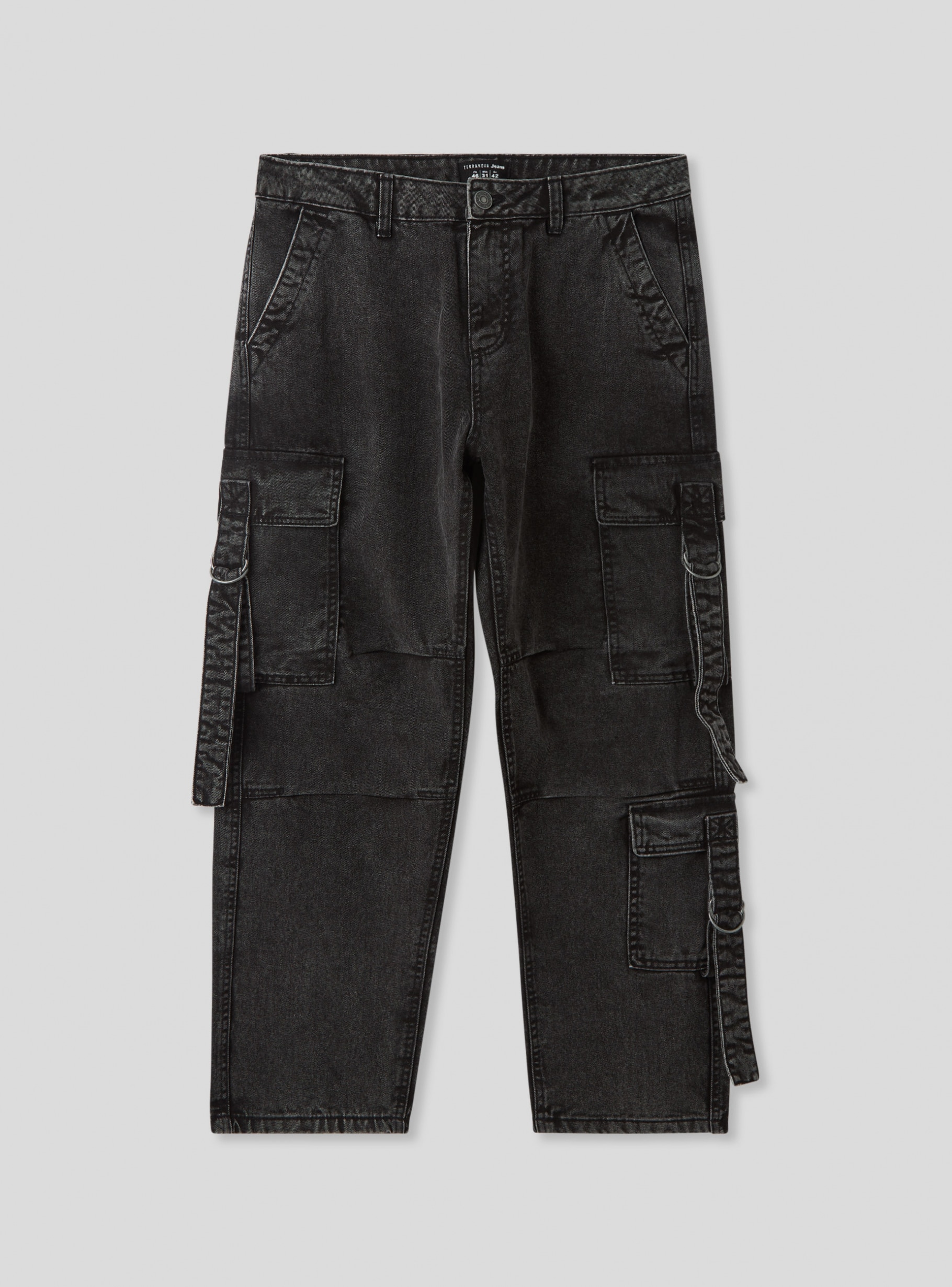 denim black Oversized acid wash cargo jeans with ties - Buy Online |  Terranova
