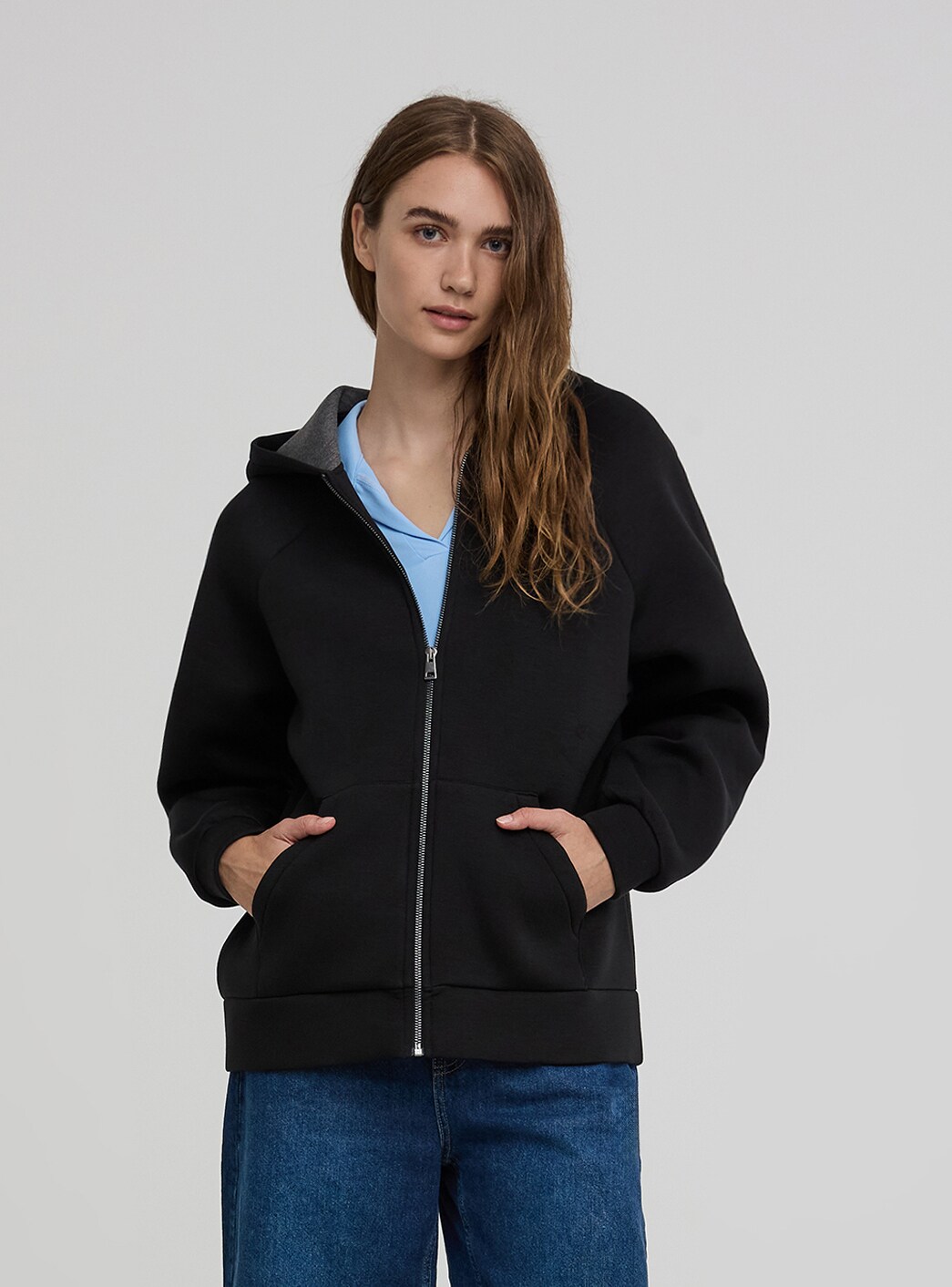 Var black Neoprene effect zipped hoodie Buy Online Terranova