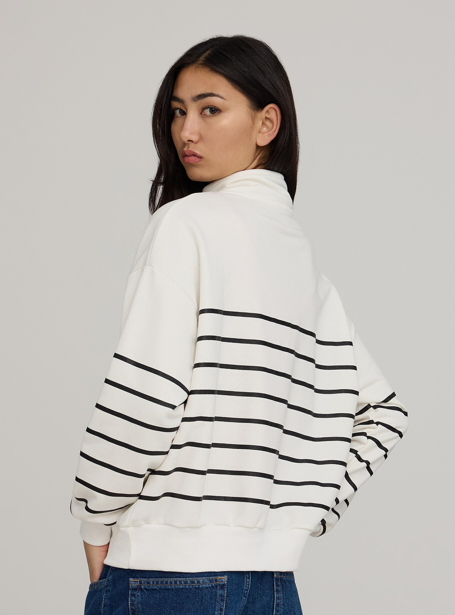 White wool Striped hoodless sweatshirt with half zip. - Buy