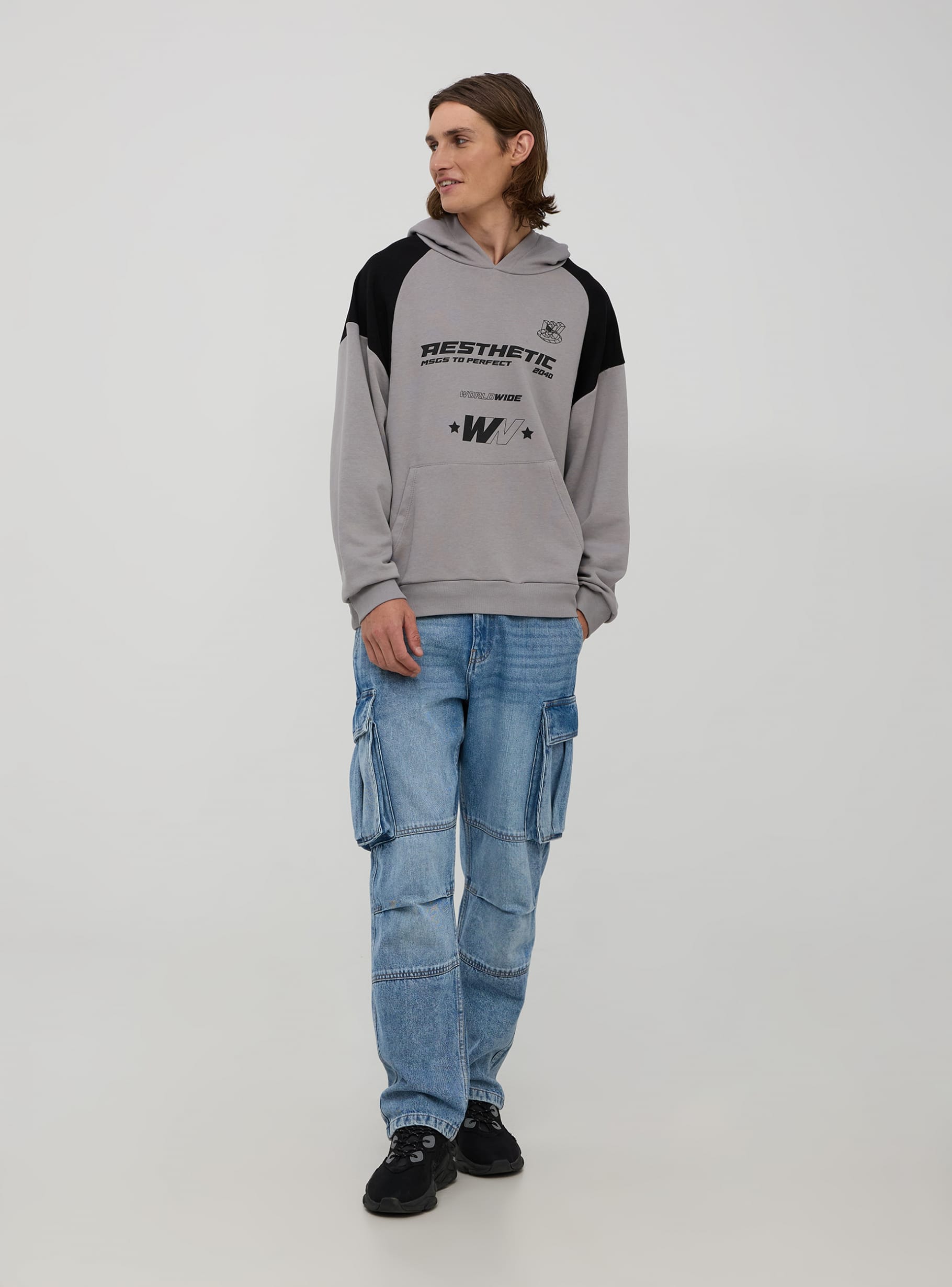 Gunmetal grey Colour block hoodie with a print - Buy Online