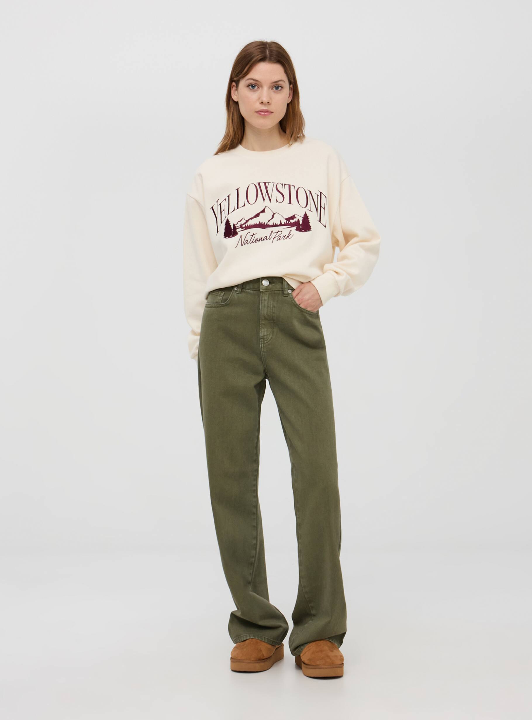 Pantaloni wide leg in denim Verde militare scuro Acquista Online Terranova