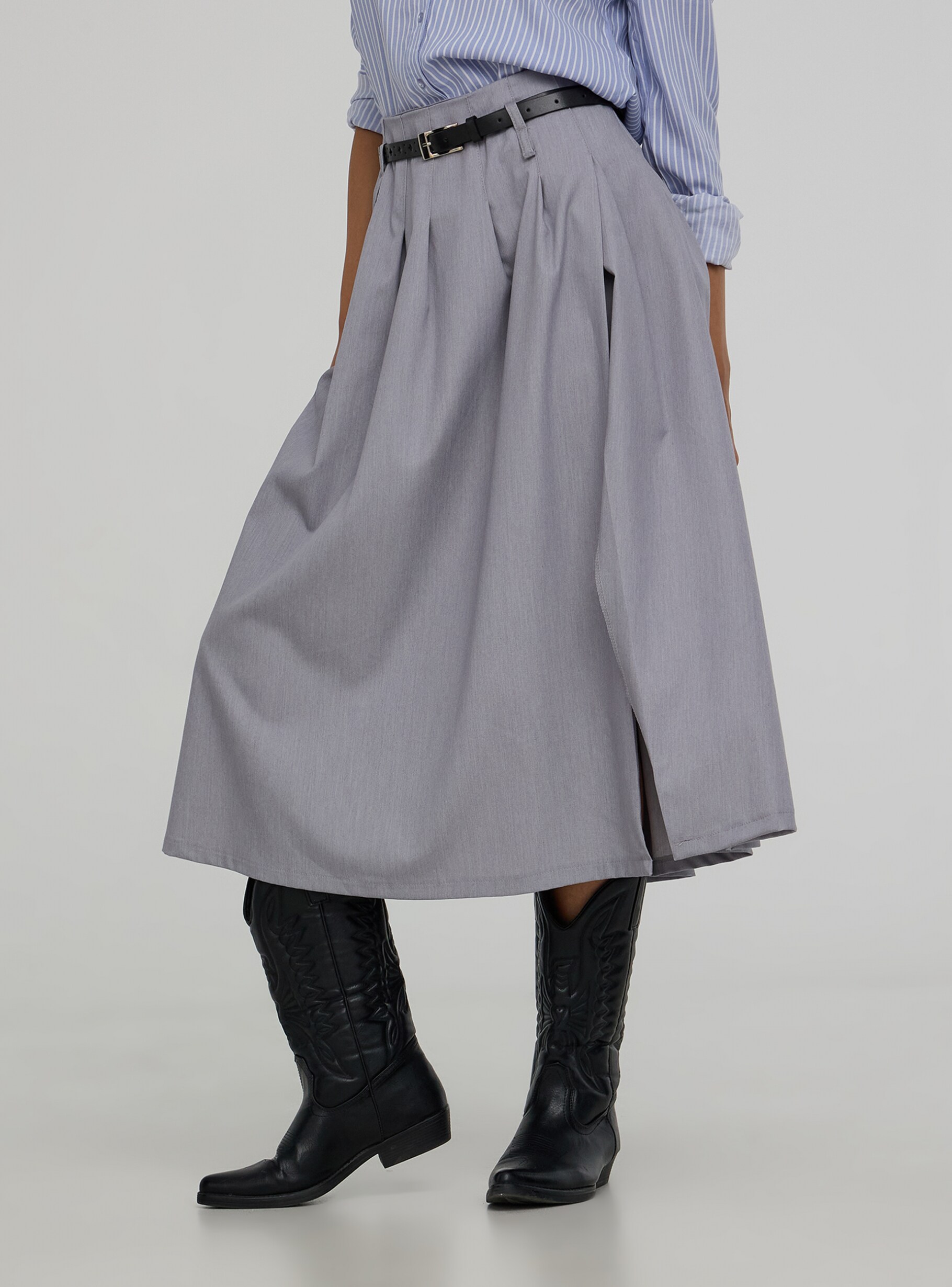 スカート Cotton Pillar Grey Skirt Grey Long pleated skirt with belt - Buy Online | Terranova