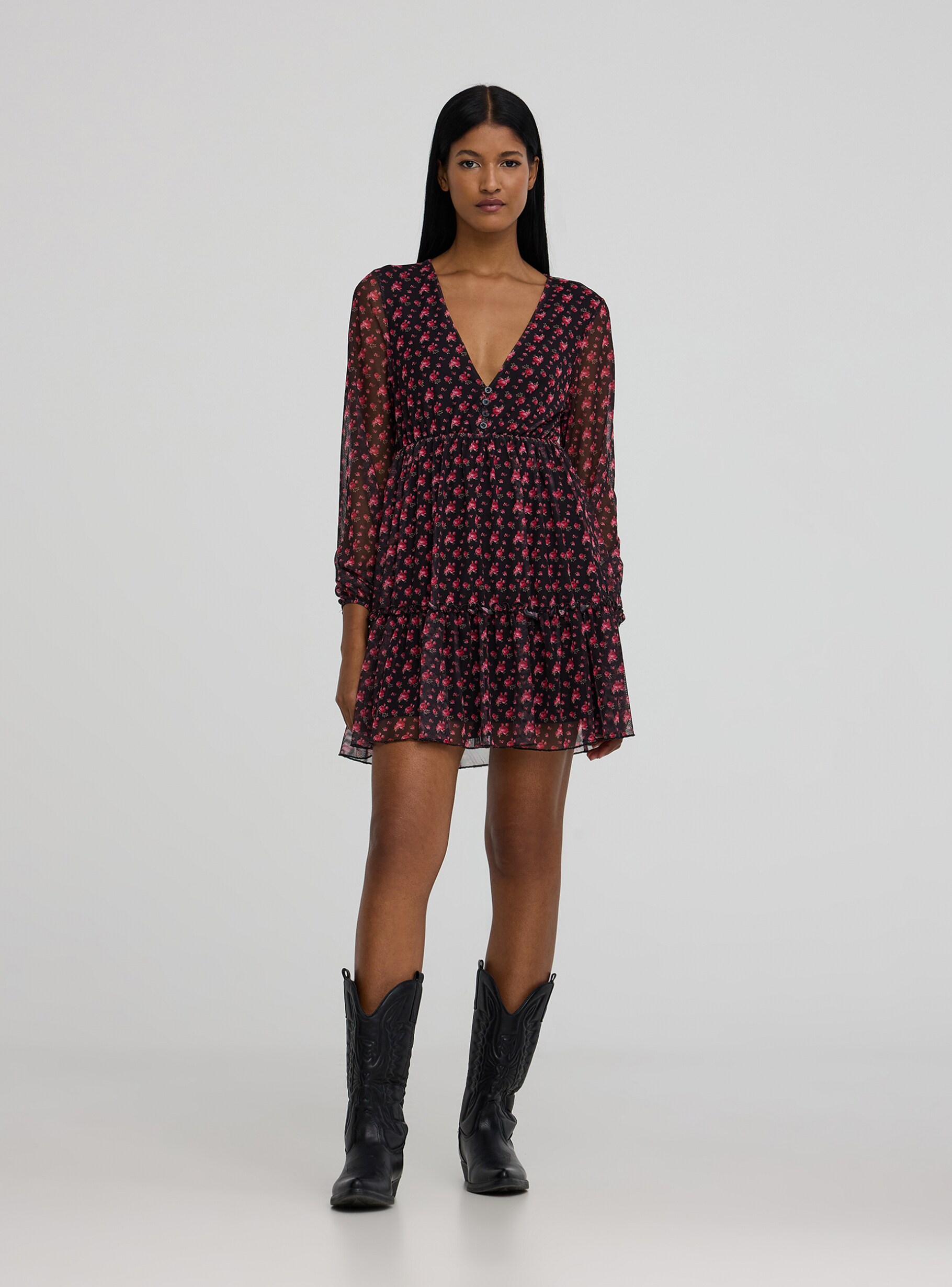 Var red Long-sleeved floral patterned dress - Buy Online | Terranova