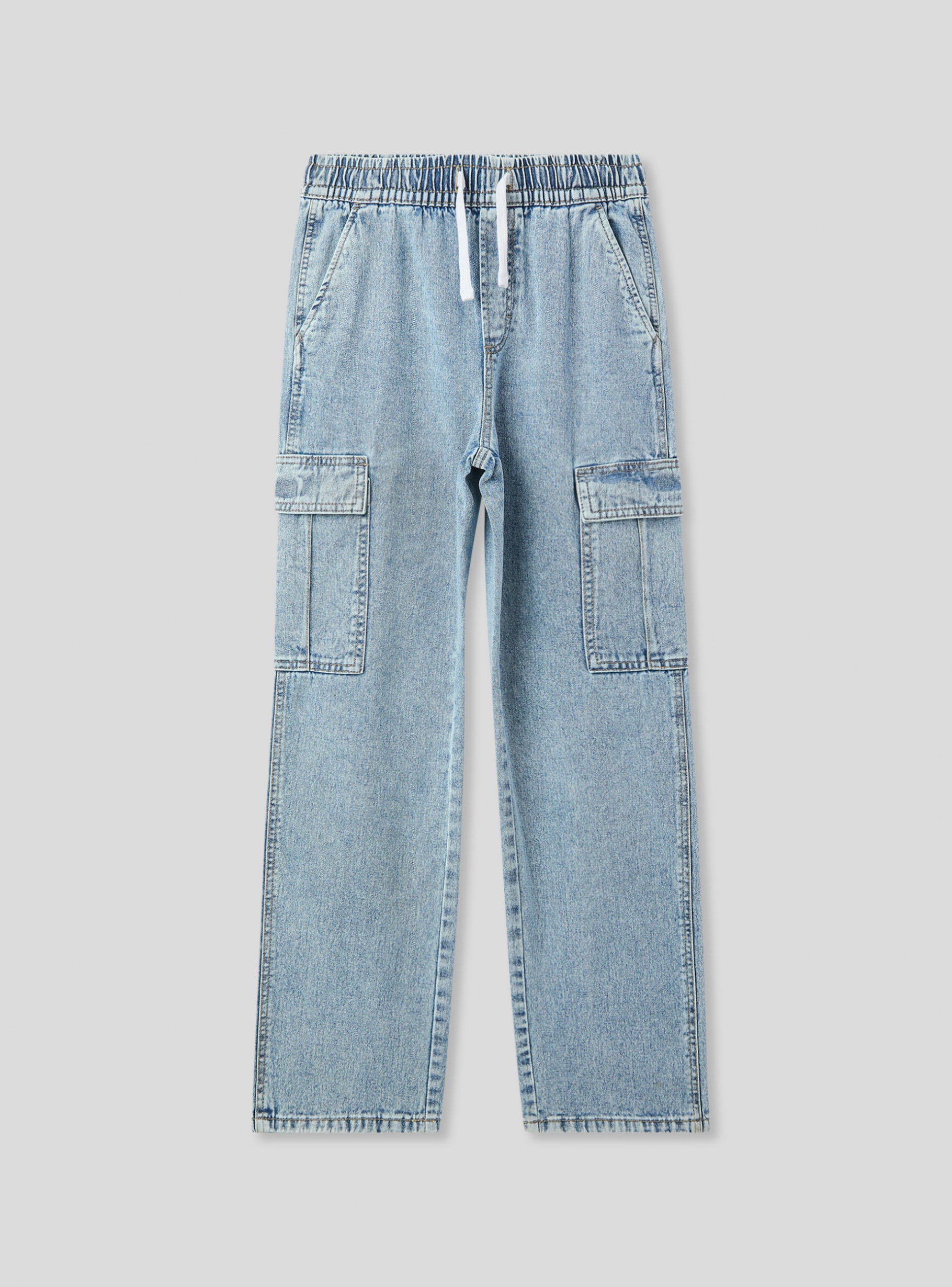 Middle blue denim Wide-leg cargo jeans with drawstring - Buy