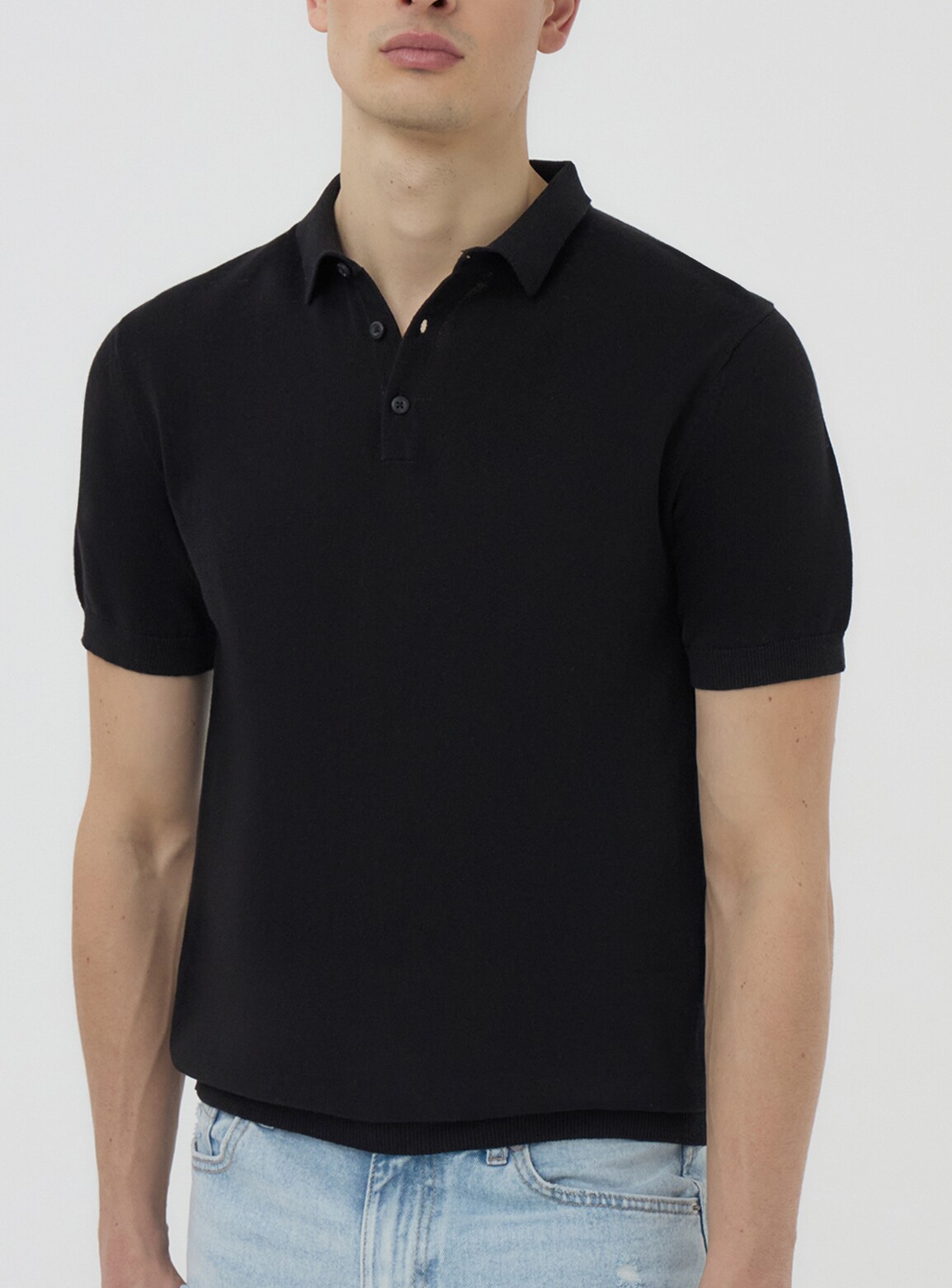 Solid colour knitted polo shirt black Terranova